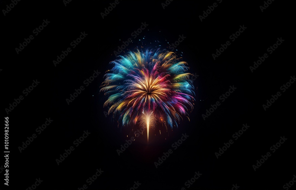 A single firework explodes in a burst of colorful light against a dark night sky. A single firework explodes in a burst of colorful light against a dark night sky.
