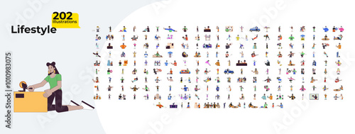 Multicultural lifestyle cartoon flat illustrations mega bundle. Construction workers. 90s retro. Psychology. Diwali. Musicians people 2D images isolated on white. Collection vector drawings colorful