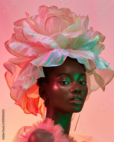 An afro amerian  woman wearing a pink  dress poses for a photo. The pink hat and green dress give the image a playful and whimsical mood. Retro style. photo