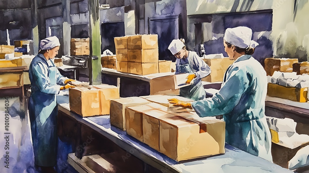 Watercolor painting of people packing boxes in a warehouse. Watercolor painting of people packing boxes in a warehouse.