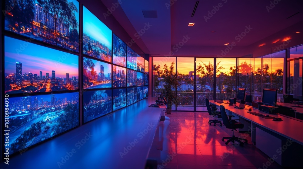 Surveillance control room with monitors displaying cityscapes during sunset Surveillance control room with monitors displaying cityscapes during sunset