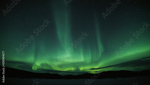 Beautiful aurora in the night sky, alien landscape in the north