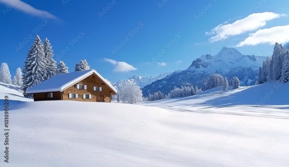 Picturesque Winter Scene of the Alps with Snow-Covered Mountains and Cozy Wooden Chalets Nestled in Their Valleys Picturesque Winter Scene of the Alps with Snow-Covered Mountains and Cozy Wooden Chalets Nestled in Their Valleys
