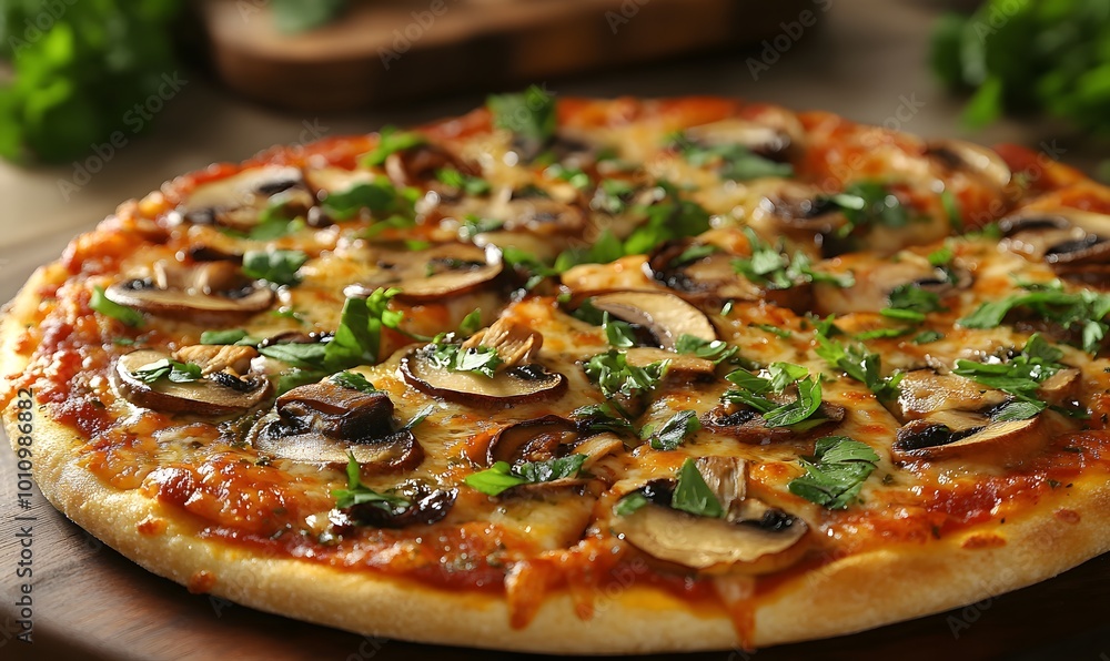 A gourmet pizza topped with thinly sliced porcini mushrooms, Generative AI A gourmet pizza topped with thinly sliced porcini mushrooms, Generative AI