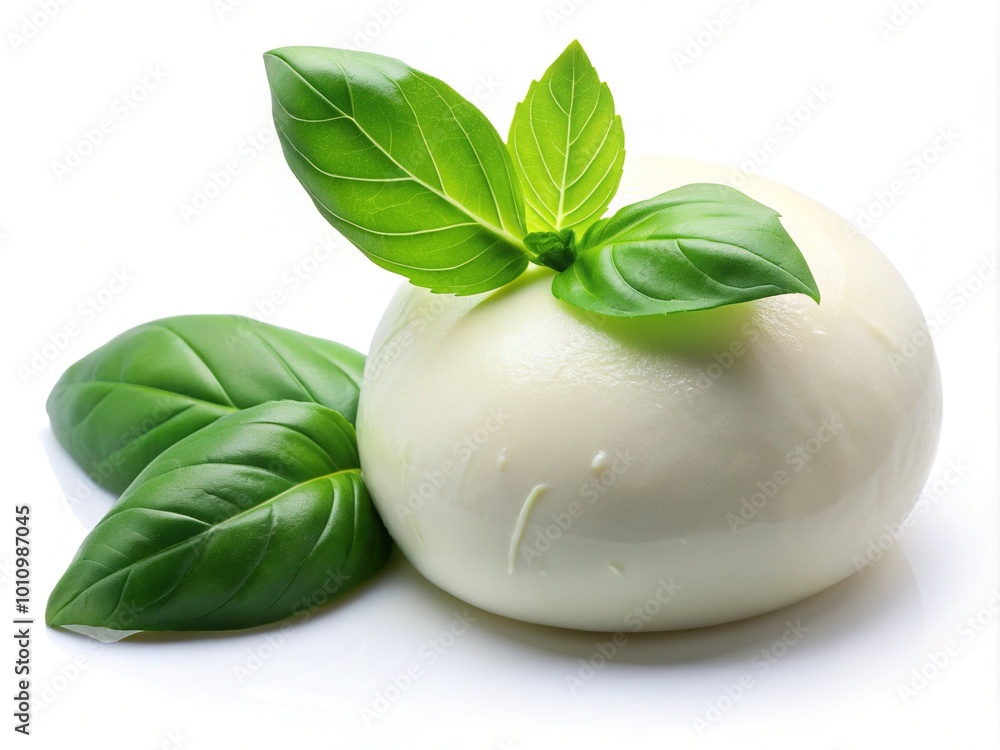 Organic mozzarella cheese with basil leaf on a white background makes a healthy addition to fresh recipes, enhancing flavor and nutrition for a balanced diet. Organic mozzarella cheese with basil leaf on a white background makes a healthy addition to fresh recipes, enhancing flavor and nutrition for a balanced diet.