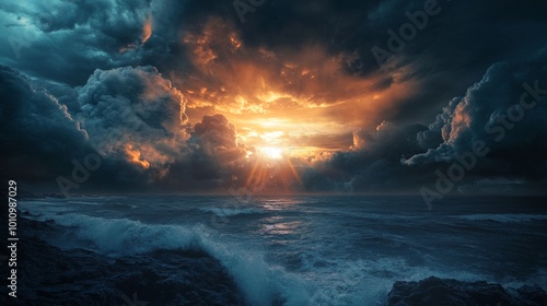 Dramatic sunrise over stormy sea with dark clouds in the sky