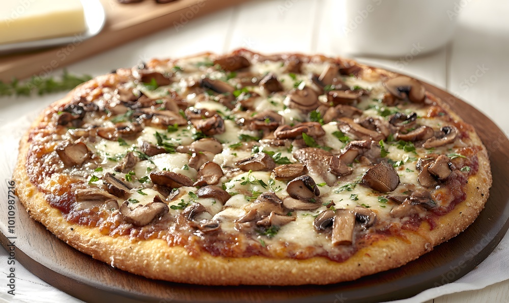 A gourmet pizza topped with thinly sliced porcini mushrooms, Generative AI A gourmet pizza topped with thinly sliced porcini mushrooms, Generative AI
