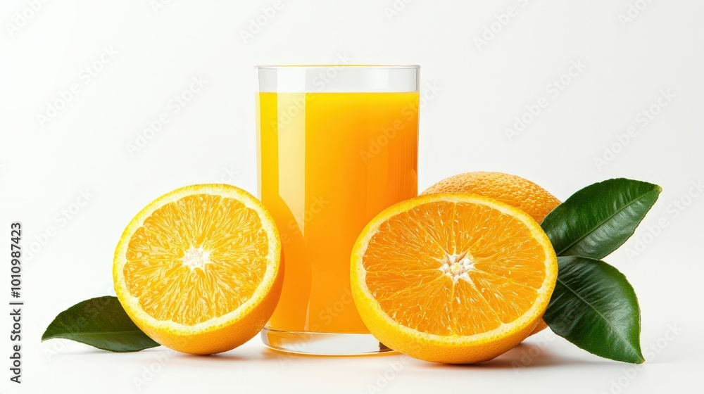 Fresh Orange Juice and Sliced Oranges on White Background Fresh Orange Juice and Sliced Oranges on White Background