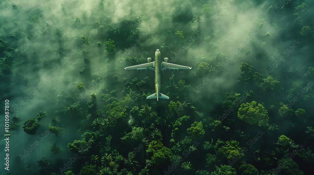 Naklejka premium A cinematic shot of airplane flying over above the misty forest