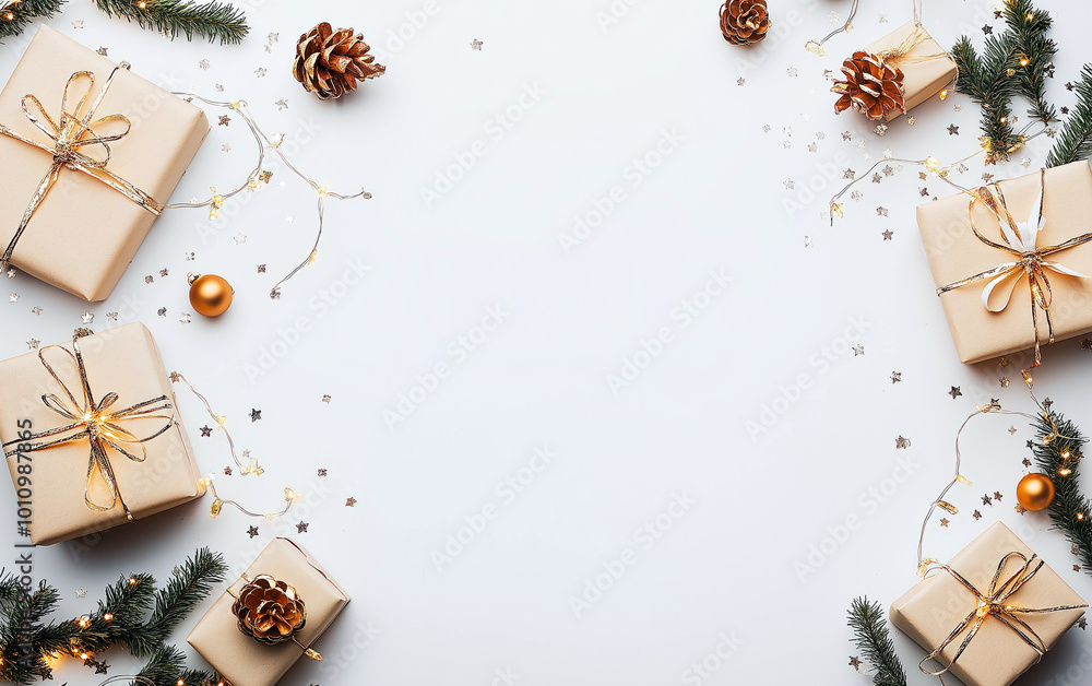 Fototapeta premium Christmas flat lay background with gift boxes, fir tree, lights and decorations. Empty space for text or product. Merry Christmas promo concept.