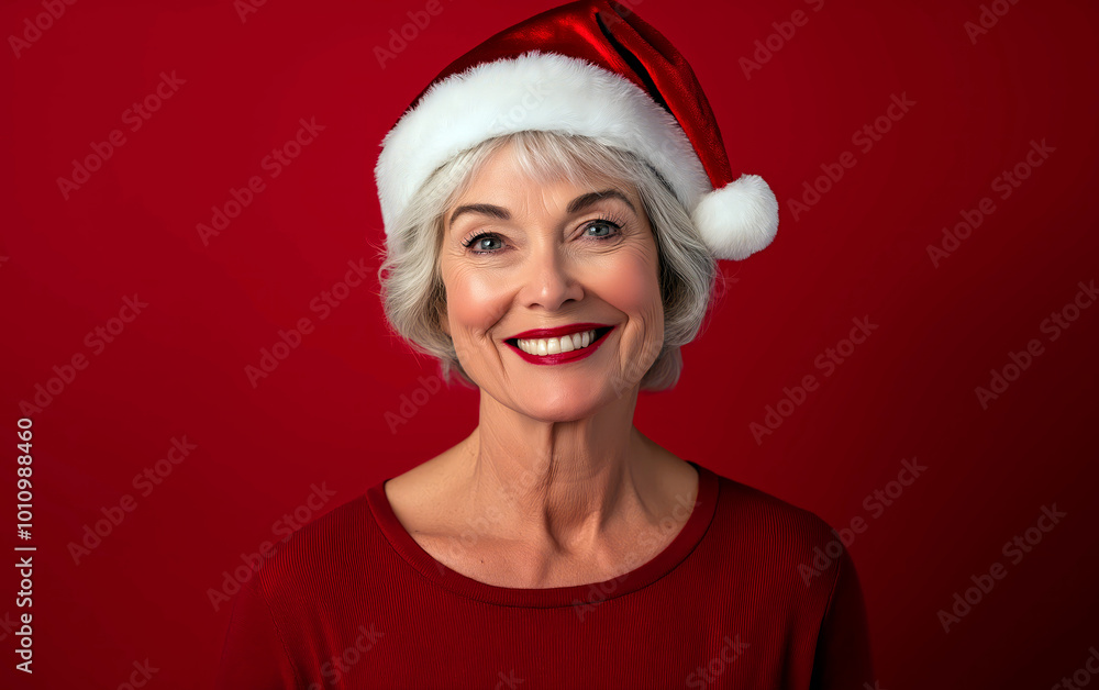 Studio portrait of happy mature woman wearing santa's hat over red background. Studio portrait of happy mature woman wearing santa's hat over red background.
