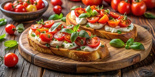 Savor delicious bruschetta topped with fresh tomatoes and creamy mozzarella, elegantly arranged on a rustic wooden serving board for an irresistible appetizer experience.