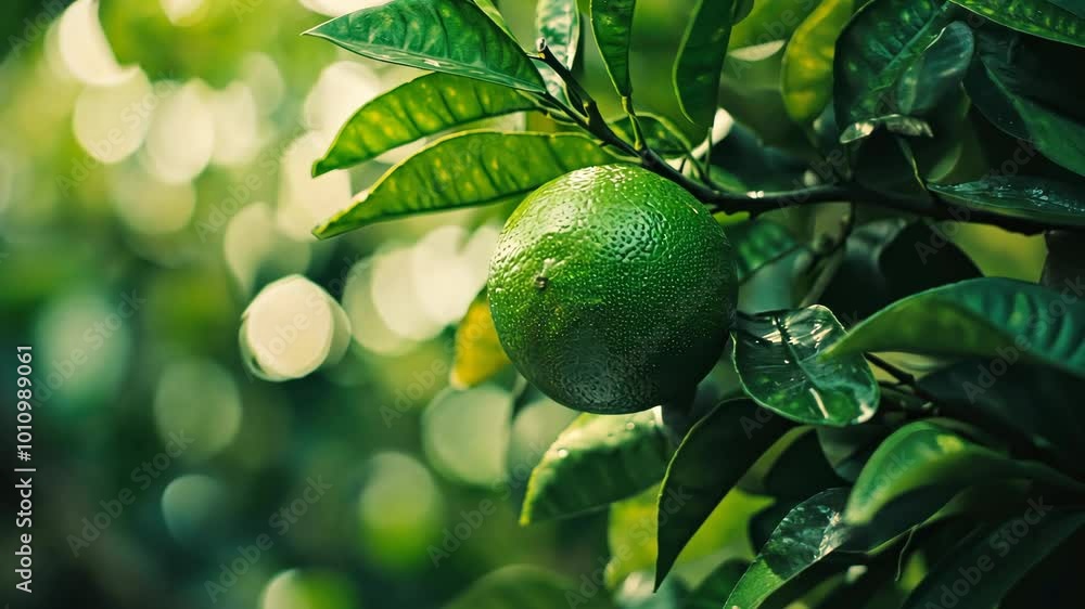 A green lime is hanging from a tree A green lime is hanging from a tree