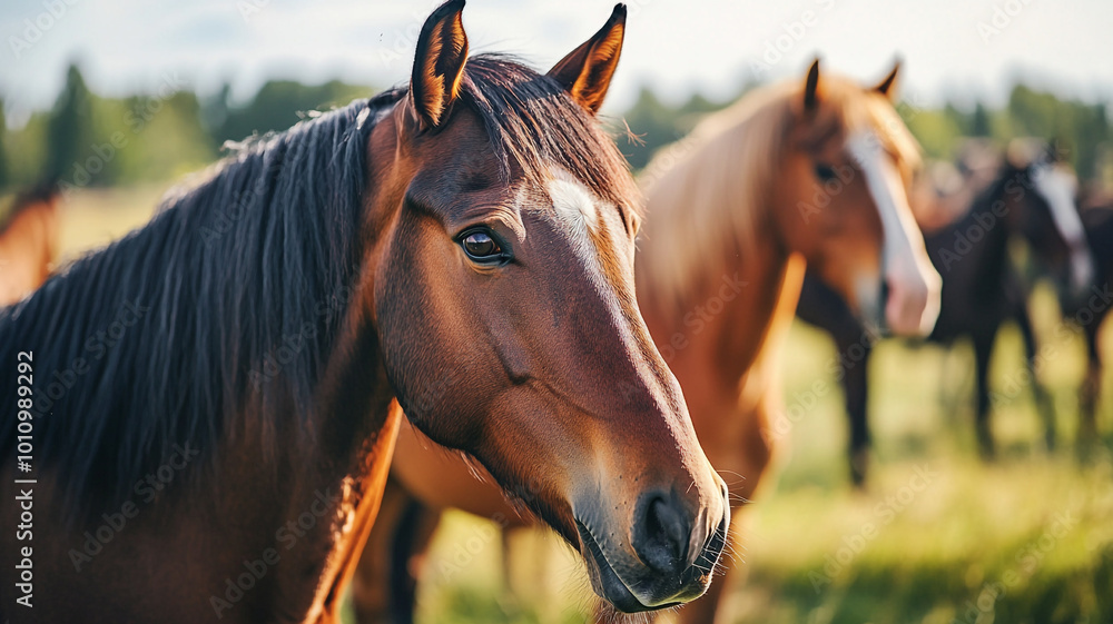 Obraz premium Celebrating the National Day of the Horse with majestic horses in a lush green field