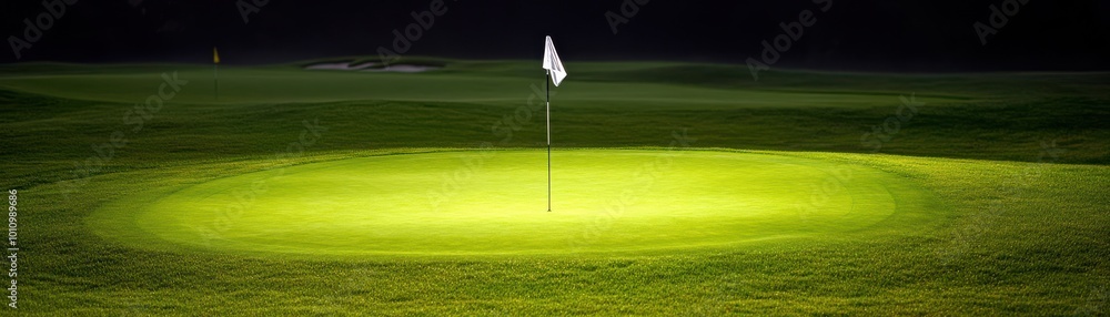 Obraz premium A beautifully lit golf green with a flag, offering a serene atmosphere for golf enthusiasts and nature lovers.