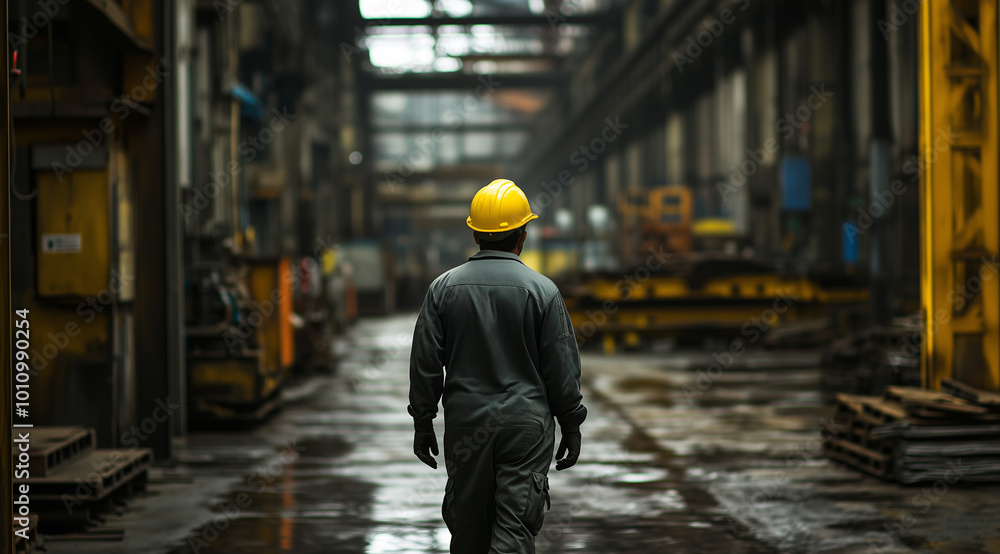 A factory worker wearing a yellow helmet and workwear walking in a production hall, back view A factory worker wearing a yellow helmet and workwear walking in a production hall, back view