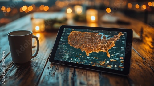 A tablet shows a detailed map of the U.S. on a wooden table in a cozy setting