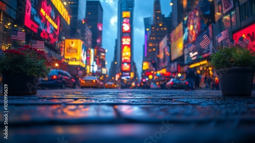 Vibrant street campaign posters and flags adorn a busy Times Square in the evening light