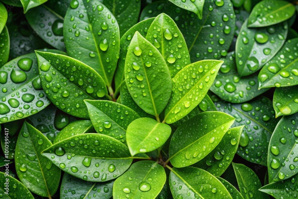 Fototapeta premium Vibrant green leaves adorned with glistening water droplets showcase nature's beauty, ideal for eco-friendly themes and