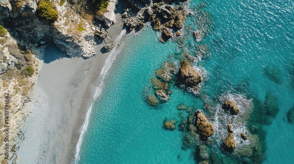 Scenic Aerial View of Rocky Coastal Beach Scenic Aerial View of Rocky Coastal Beach