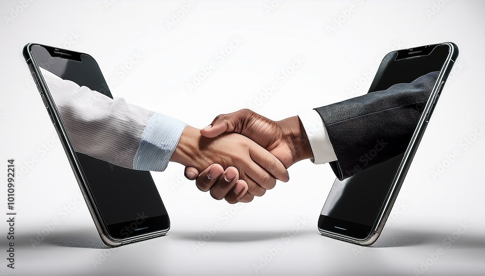 Two hands shaking extending from smartphones on white background. Concept of virtual agreement or business deal Two hands shaking extending from smartphones on white background. Concept of virtual agreement or business deal