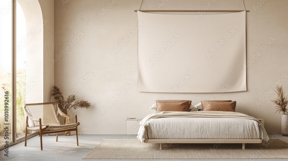 Modern bedroom interior with cozy furniture and neutral color palette. Modern bedroom interior with cozy furniture and neutral color palette.
