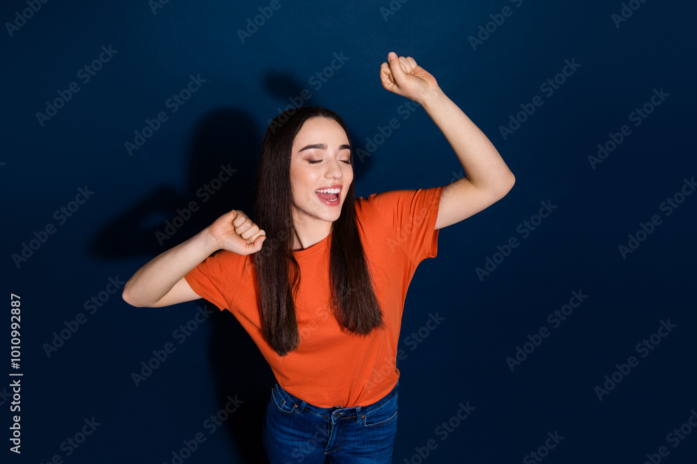Φωτογραφία Photo of lovely cheerful woman wear orange trendy clothes celebrate holiday isol