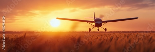 Plane Flying into Sunset Over Field