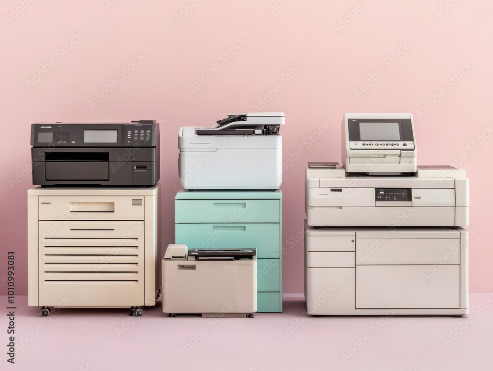 A collection of modern office printers and copiers displayed against a soft pink backdrop, showcasing sleek designs and functionality. A collection of modern office printers and copiers displayed against a soft pink backdrop, showcasing sleek designs and functionality.