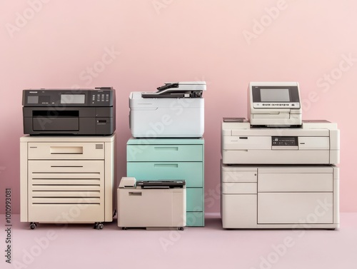 A collection of modern office printers and copiers displayed against a soft pink backdrop, showcasing sleek designs and functionality.