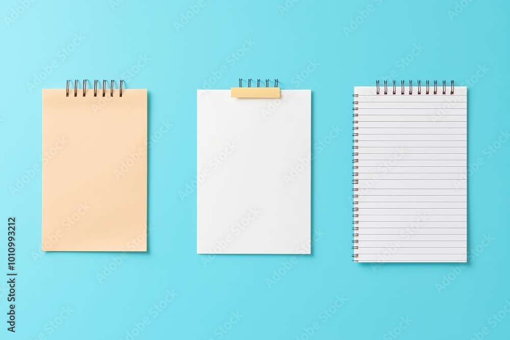 Blank Spiral Notebooks: A clean and minimalist flat lay featuring three blank spiral notebooks on a vibrant blue background. Perfect for showcasing your designs, notes, or creative projects. Blank Spiral Notebooks: A clean and minimalist flat lay featuring three blank spiral notebooks on a vibrant blue background. Perfect for showcasing your designs, notes, or creative projects.