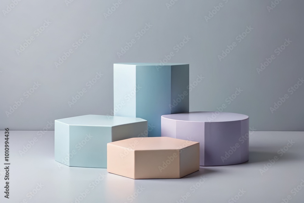 Whimsical pastel geometric podiums in lavender, baby blue, and peach create an enchanting display against a light gray Whimsical pastel geometric podiums in lavender, baby blue, and peach create an enchanting display against a light gray