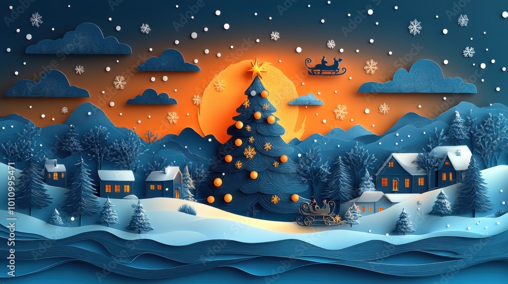Festive Winter Scene with Christmas Tree and Sleigh Festive Winter Scene with Christmas Tree and Sleigh