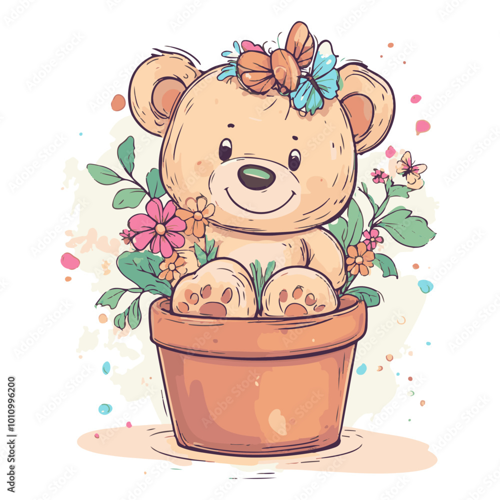 Cute cartoon teddy bear with flowers in a pot on a white background Cute cartoon teddy bear with flowers in a pot on a white background