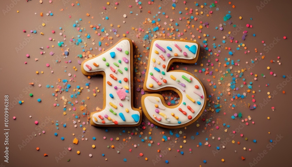 Decorated cookie, number 15, illustration for birthday or anniversary celebration Decorated cookie, number 15, illustration for birthday or anniversary celebration
