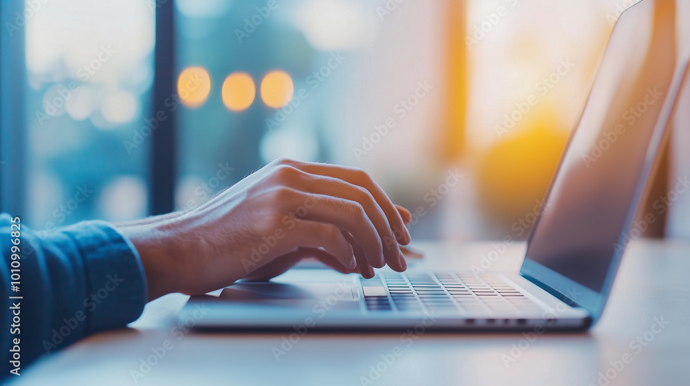 person is typing on laptop in bright, modern workspace, with soft sunlight illuminating scene. atmosphere conveys productivity and focus. person is typing on laptop in bright, modern workspace, with soft sunlight illuminating scene. atmosphere conveys productivity and focus.