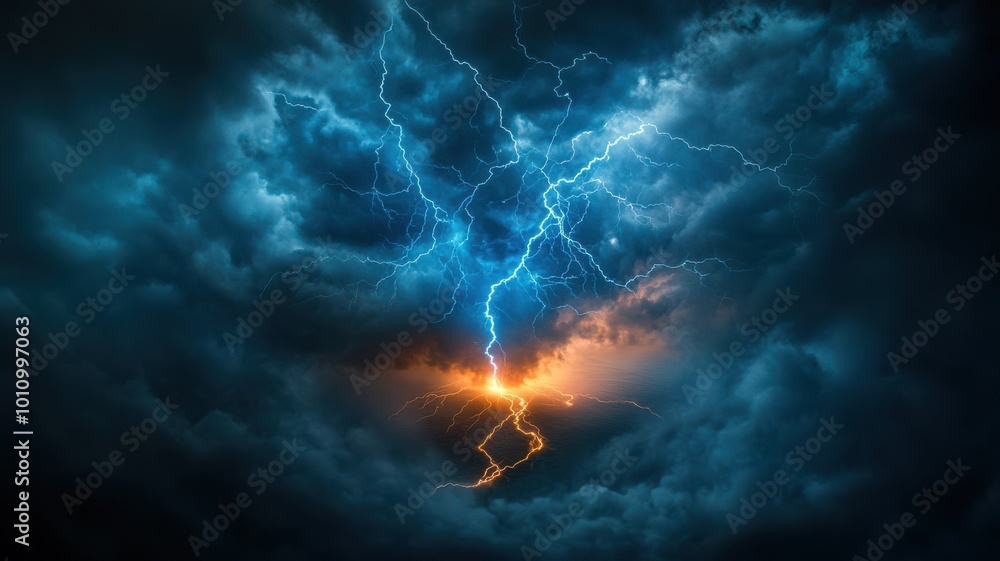 A dramatic sky showcasing intense lightning strikes amid dark clouds, capturing the beauty and power of a storm. A dramatic sky showcasing intense lightning strikes amid dark clouds, capturing the beauty and power of a storm.