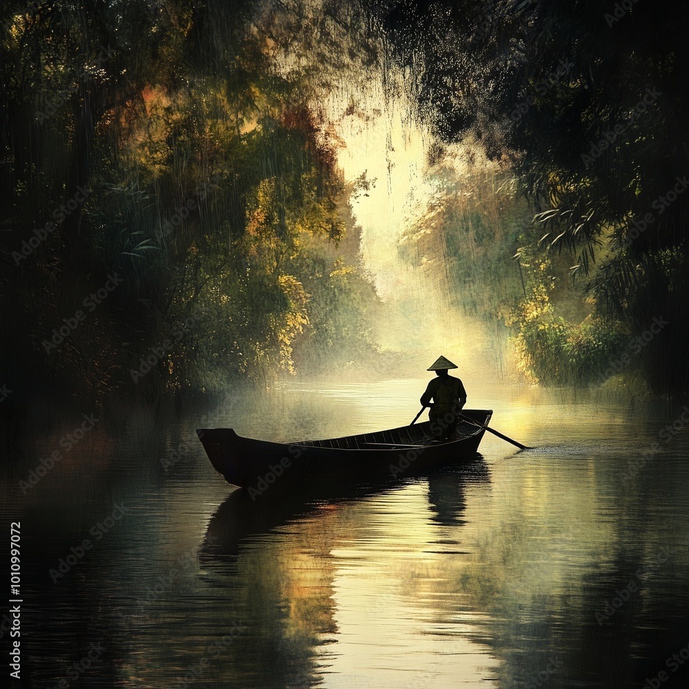 Boat in the river with boatman a panaromic view Boat in the river with boatman a panaromic view