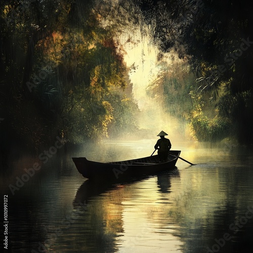 Boat in the river with boatman a panaromic view photo