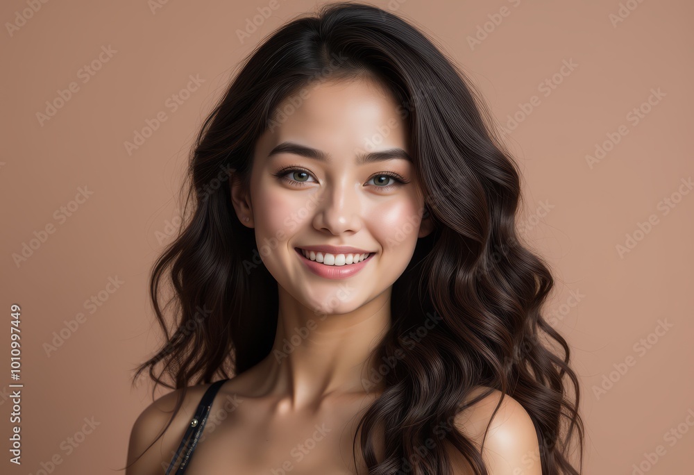 Smiling woman with wavy hair against a soft brown background Smiling woman with wavy hair against a soft brown background