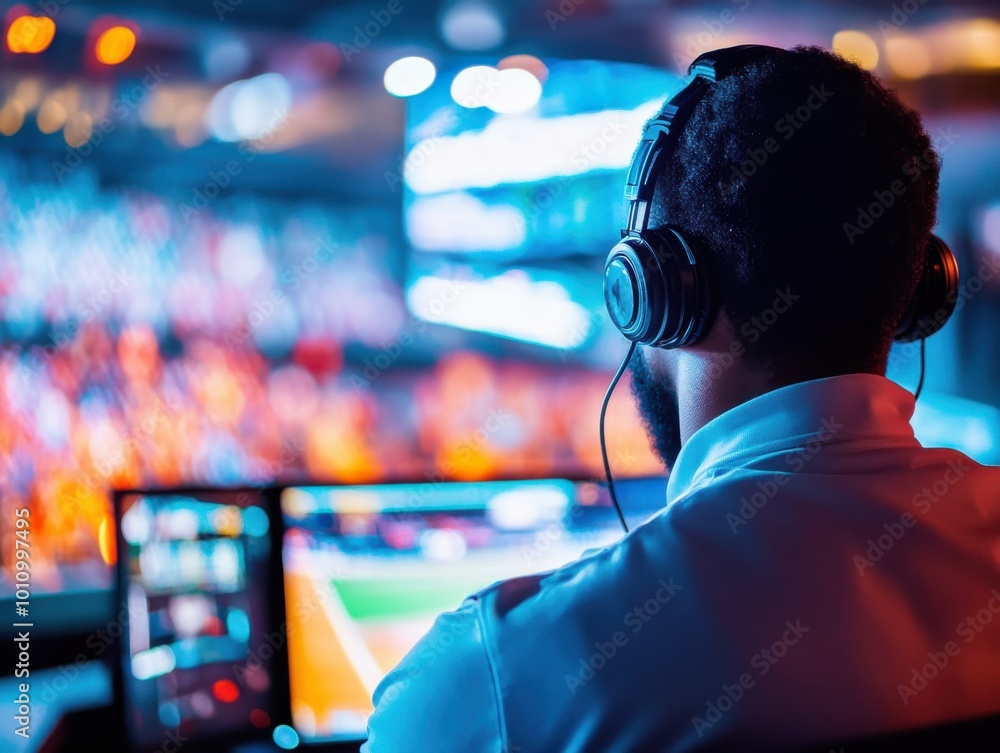 A focused individual wearing headphones monitors a vibrant sports event from behind, showcasing modern technology and excitement. A focused individual wearing headphones monitors a vibrant sports event from behind, showcasing modern technology and excitement.