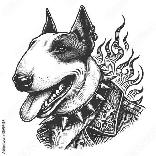 bull terrier in a punk style, leather jacket with flames and a spiked collar. Edgy and bold design. sketch engraving generative ai vector illustration. Scratch board imitation. Black and white image.