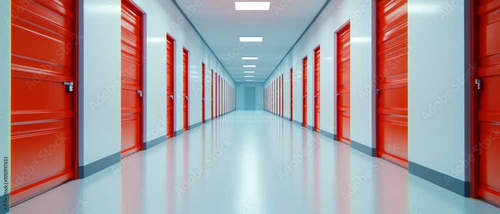 Wide Shot of a Clean White Storage Unit with Red Doors Wide Shot of a Clean White Storage Unit with Red Doors
