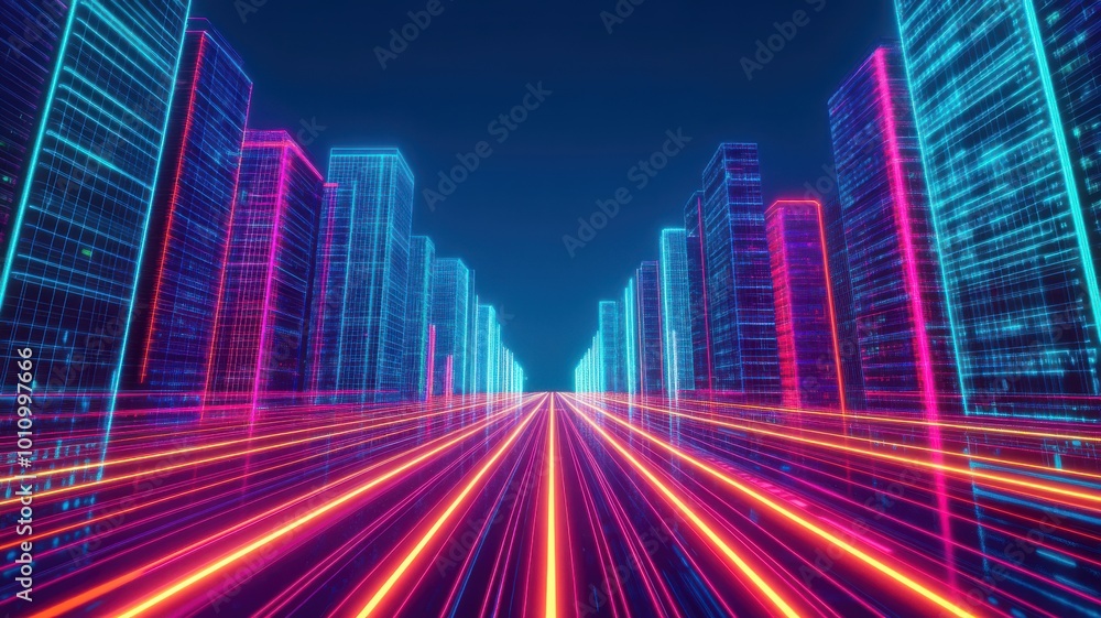 Fototapeta premium A futuristic cityscape showcasing glowing buildings with vibrant neon lights and dynamic light trails, creating a high-tech atmosphere.