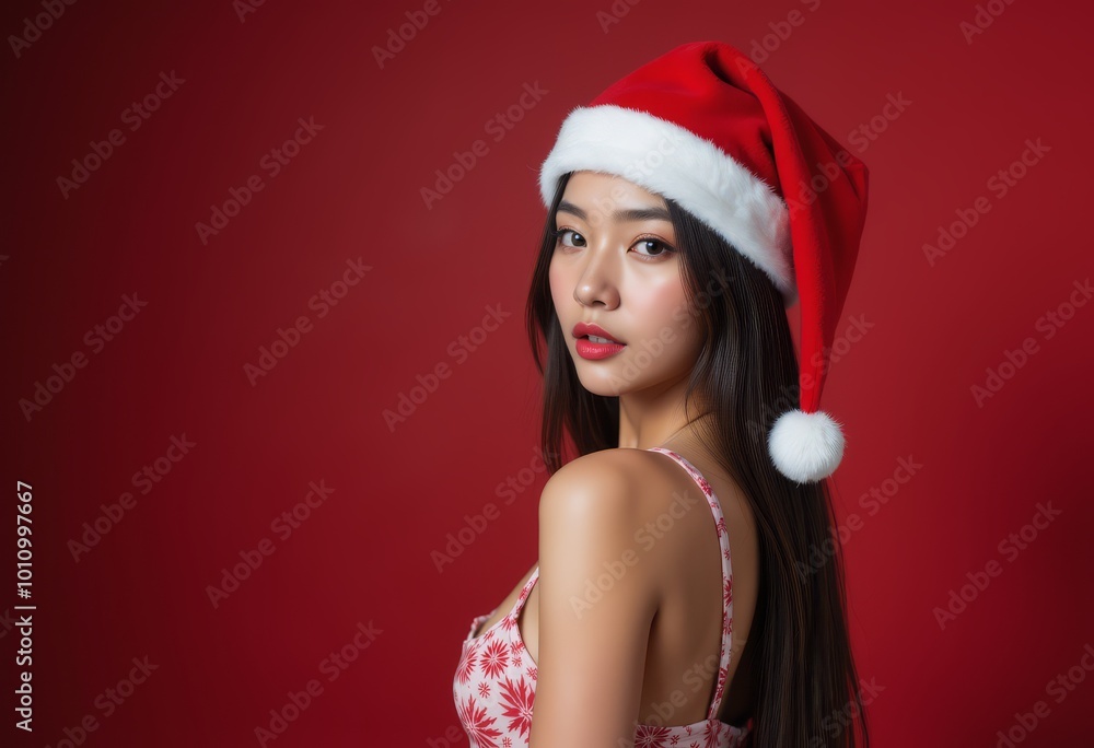 Woman in Santa hat posing against a red background, festive atmosphere. Woman in Santa hat posing against a red background, festive atmosphere.