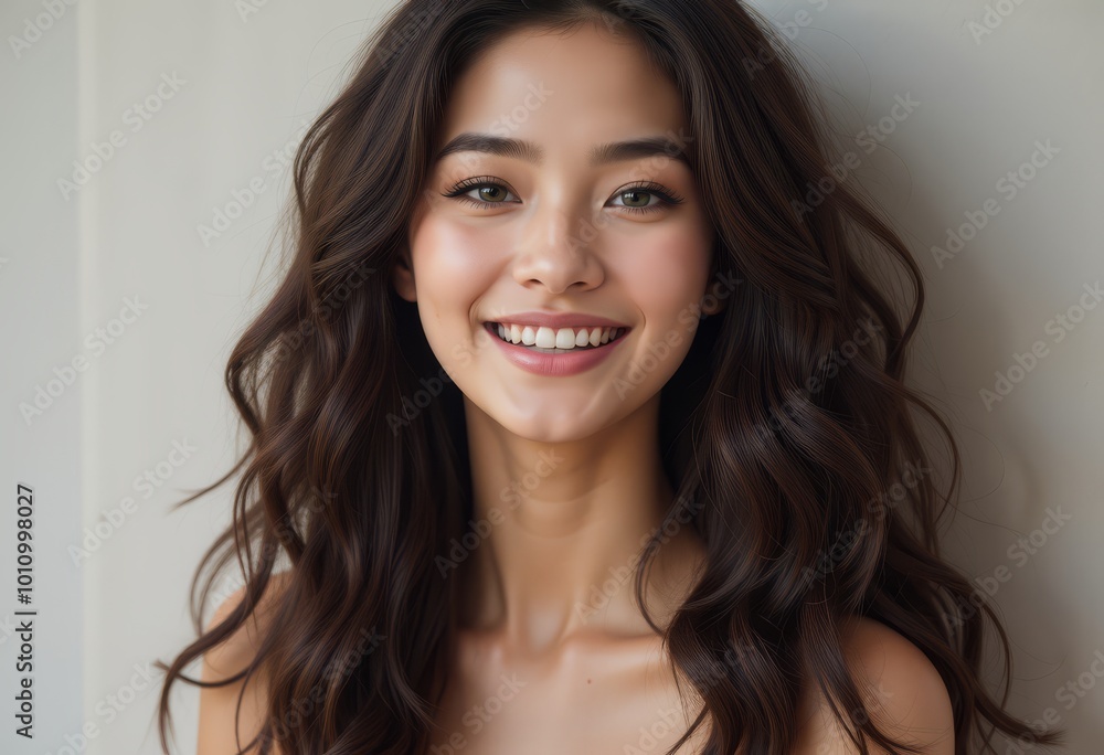 Fototapeta premium Young woman with long hair smiling brightly against a neutral background.