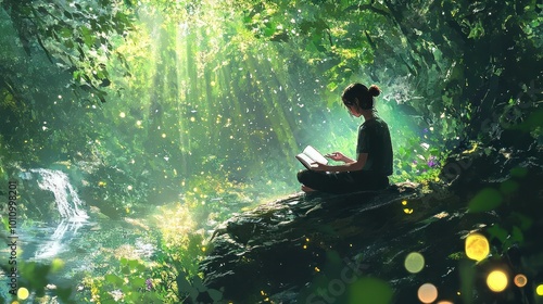 A young woman sits on a rock in a lush forest, reading a book. Sunbeams stream through the canopy, creating a magical atmosphere.