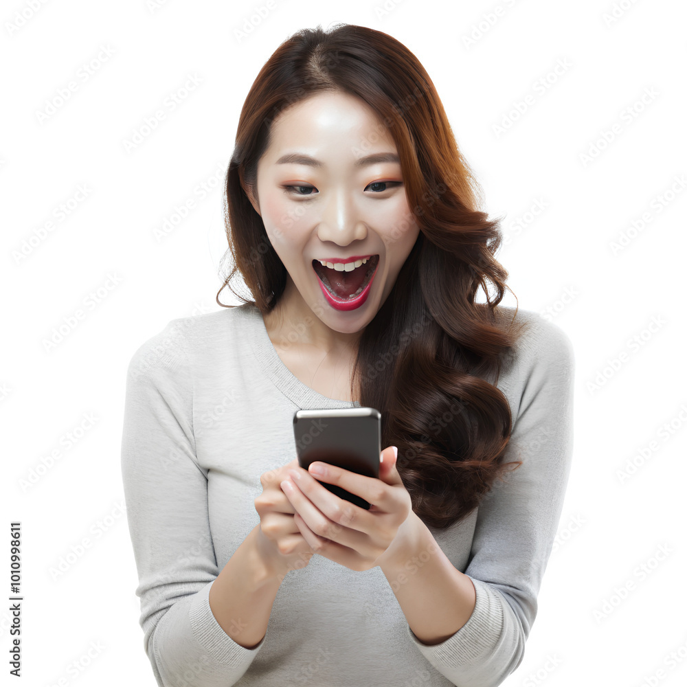 Beautiful young woman using smartphone Feeling happy. Excited and surprised, on isolated white background Beautiful young woman using smartphone Feeling happy. Excited and surprised, on isolated white background