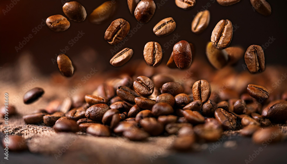 Coffee Beans Falling in Mid-Air with Roasted Brown Texture Coffee Beans Falling in Mid-Air with Roasted Brown Texture