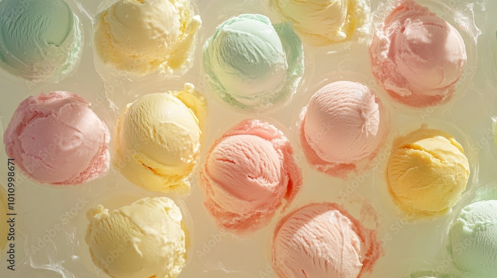 Directly above view of pastel ice cream flavors, natural light streaming through a clear window, giving a soft glow Directly above view of pastel ice cream flavors, natural light streaming through a clear window, giving a soft glow